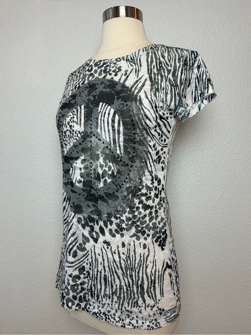 Cache Burn Out Tee Top Women's M Stretch White Black Peace Sign Animal Print - Picture 4 of 7